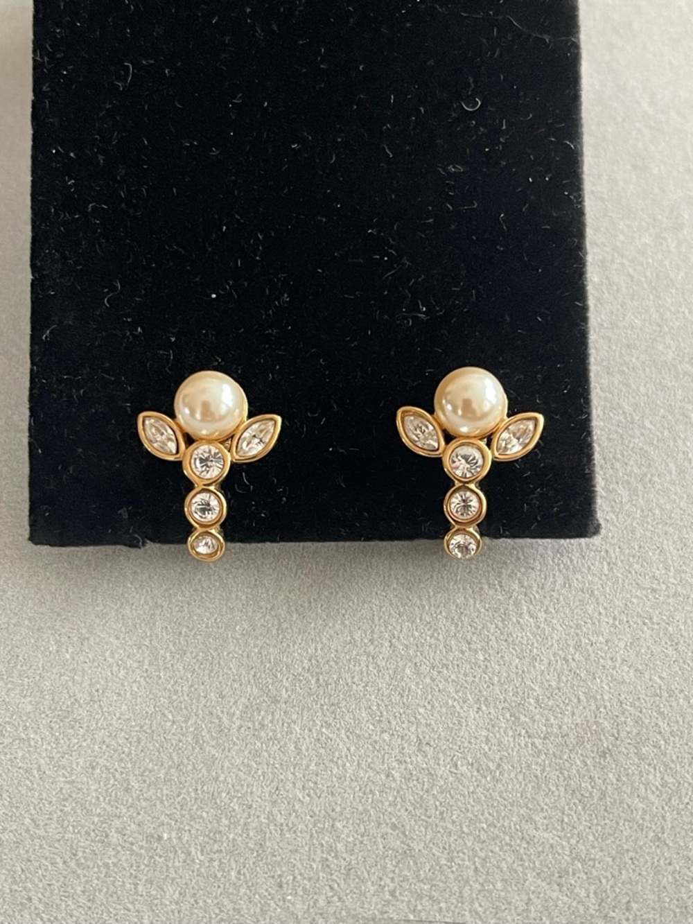 Vintage SWAROVSKI Logo Faux Pearl Angel Rhinestone Clip On Earrings